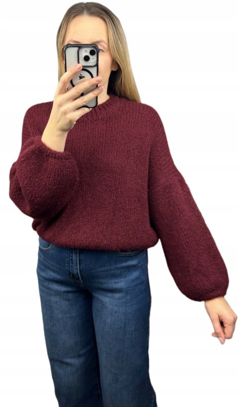 Bordowy sweter moher wełna bufiaste rękawy luźny oversize Made in Italy- WARMY