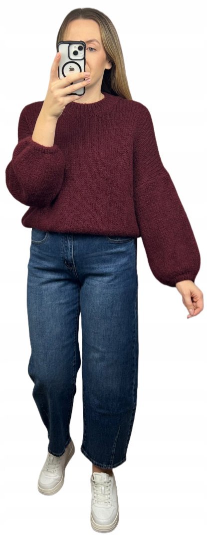 Bordowy sweter moher wełna bufiaste rękawy luźny oversize Made in Italy- WARMY