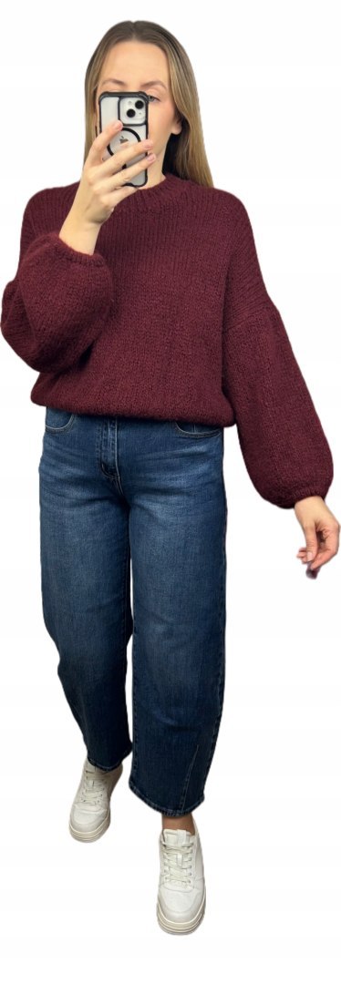 Bordowy sweter moher wełna bufiaste rękawy luźny oversize Made in Italy- WARMY
