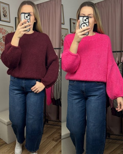 Bordowy sweter moher wełna bufiaste rękawy luźny oversize Made in Italy- WARMY