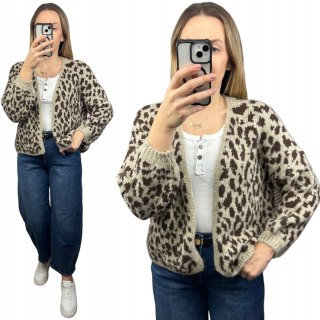 Czekoladowy sweter kardigan panterka pantera cętki szersze rękawy beżowy- LEO CARDI