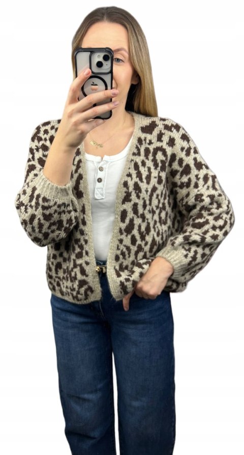 Czekoladowy sweter kardigan panterka pantera cętki szersze rękawy beżowy- LEO CARDI
