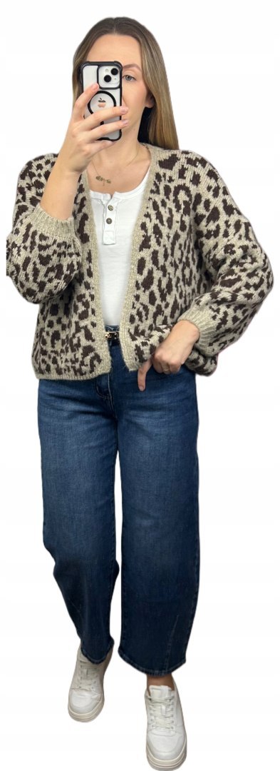 Czekoladowy sweter kardigan panterka pantera cętki szersze rękawy beżowy- LEO CARDI