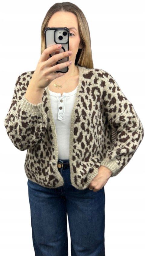 Czekoladowy sweter kardigan panterka pantera cętki szersze rękawy beżowy- LEO CARDI