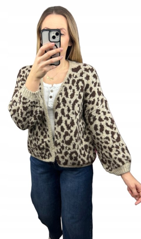 Czekoladowy sweter kardigan panterka pantera cętki szersze rękawy beżowy- LEO CARDI