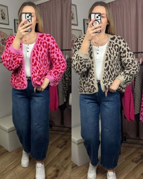 Czekoladowy sweter kardigan panterka pantera cętki szersze rękawy beżowy- LEO CARDI