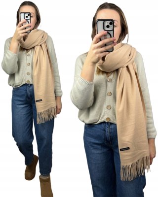 Duży beżowy szal szalik z frędzlami wełniany wiskozowy miękki Cashmere- FEEL