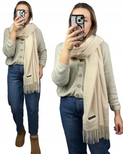 Duży beżowy szal szalik z frędzlami wełniany wiskozowy miękki Cashmere- FEEL