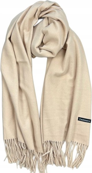 Duży beżowy szal szalik z frędzlami wełniany wiskozowy miękki Cashmere- FEEL