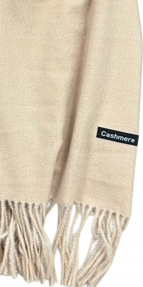Duży beżowy szal szalik z frędzlami wełniany wiskozowy miękki Cashmere- FEEL