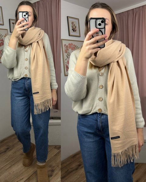Duży beżowy szal szalik z frędzlami wełniany wiskozowy miękki Cashmere- FEEL