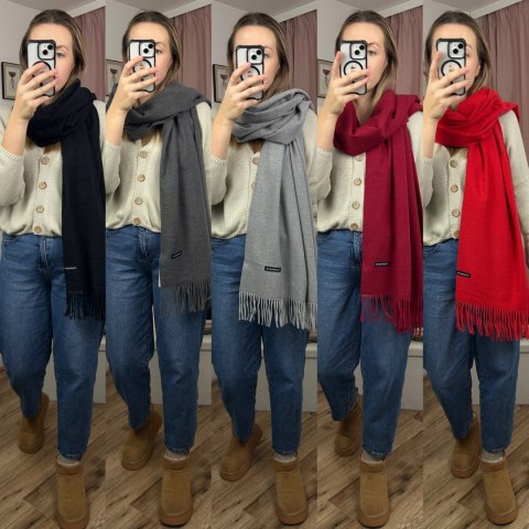 Duży beżowy szal szalik z frędzlami wełniany wiskozowy miękki Cashmere- FEEL