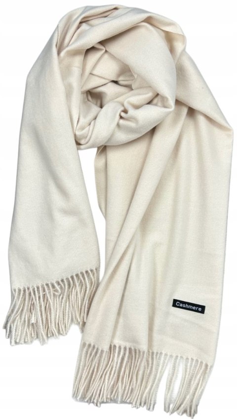 Duży beżowy szal szalik z frędzlami wełniany wiskozowy miękki Cashmere- FEEL