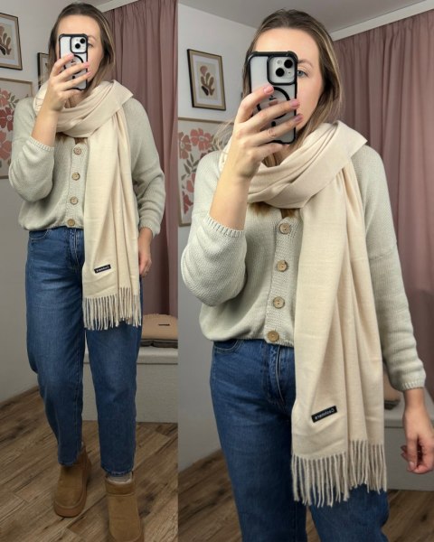 Duży beżowy szal szalik z frędzlami wełniany wiskozowy miękki Cashmere- FEEL
