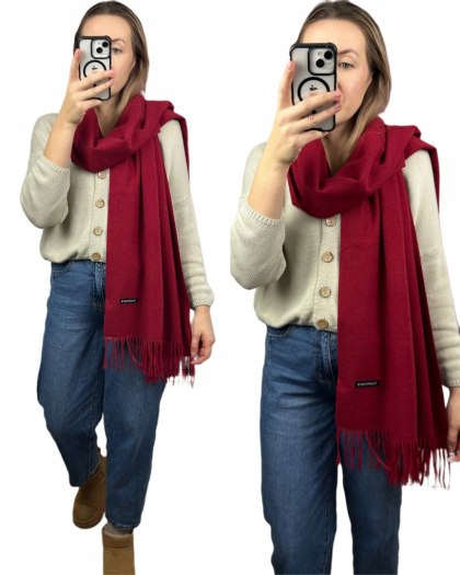 Duży bordowy szal szalik z frędzlami wełniany wiskozowy miękki Cashmere- FEEL