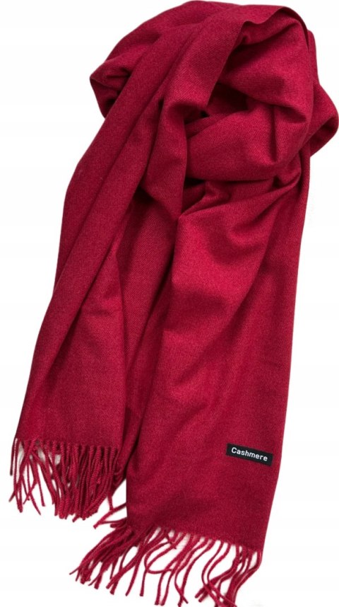 Duży bordowy szal szalik z frędzlami wełniany wiskozowy miękki Cashmere- FEEL