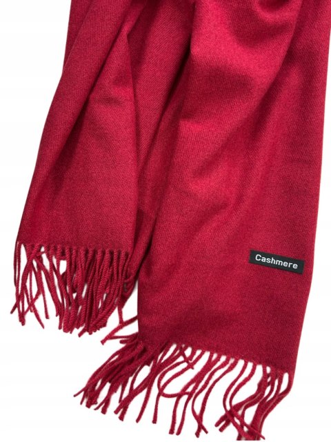 Duży bordowy szal szalik z frędzlami wełniany wiskozowy miękki Cashmere- FEEL