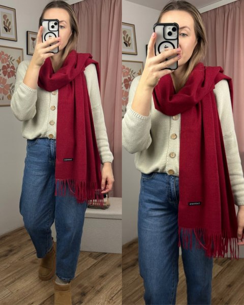 Duży bordowy szal szalik z frędzlami wełniany wiskozowy miękki Cashmere- FEEL