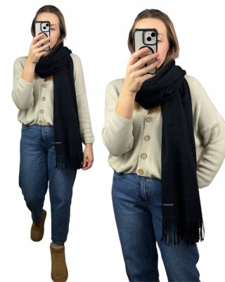 Duży czarny szal szalik z frędzlami wełniany wiskozowy miękki Cashmere- FEEL