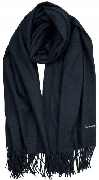 Duży czarny szal szalik z frędzlami wełniany wiskozowy miękki Cashmere- FEEL