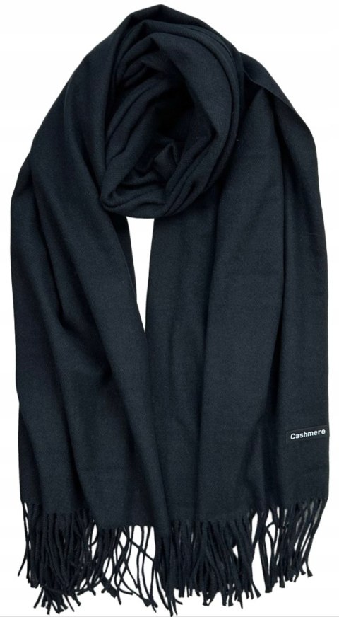 Duży czarny szal szalik z frędzlami wełniany wiskozowy miękki Cashmere- FEEL