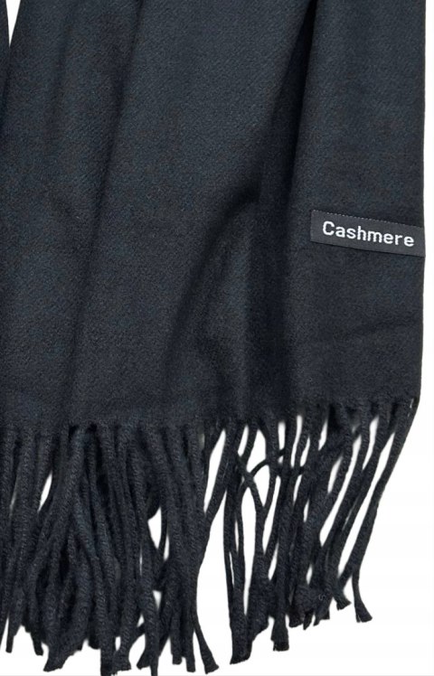 Duży czarny szal szalik z frędzlami wełniany wiskozowy miękki Cashmere- FEEL