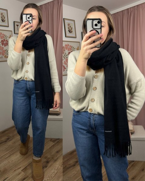 Duży czarny szal szalik z frędzlami wełniany wiskozowy miękki Cashmere- FEEL