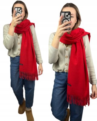 Duży czerwony szal szalik z frędzlami wełniany wiskozowy miękki Cashmere- FEEL