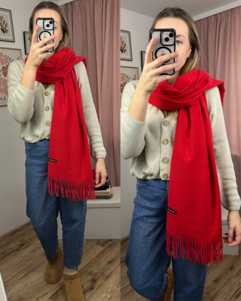 Duży czerwony szal szalik z frędzlami wełniany wiskozowy miękki Cashmere- FEEL