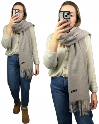 Duży fango szal szalik z frędzlami wełniany wiskozowy miękki Cashmere- FEEL