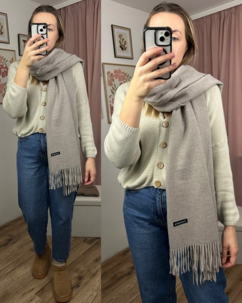 Duży fango szal szalik z frędzlami wełniany wiskozowy miękki Cashmere- FEEL