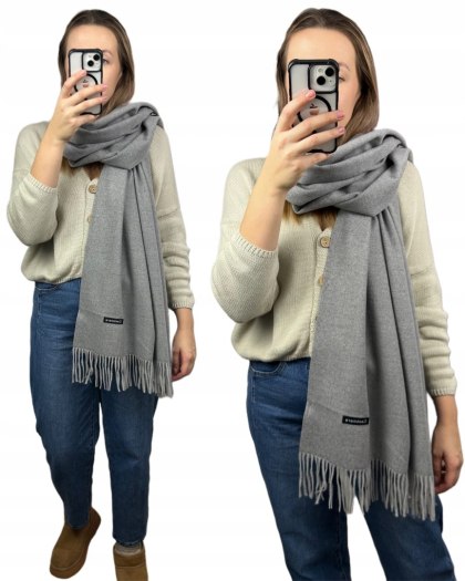 Duży jasnoszary szal szalik z frędzlami wełniany wiskozowy miękki Cashmere- FEEL