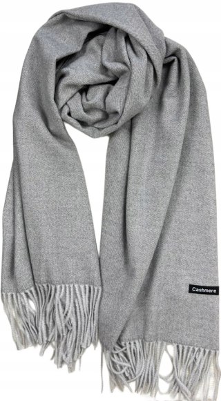 Duży jasnoszary szal szalik z frędzlami wełniany wiskozowy miękki Cashmere- FEEL