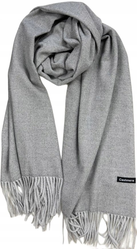 Duży jasnoszary szal szalik z frędzlami wełniany wiskozowy miękki Cashmere- FEEL