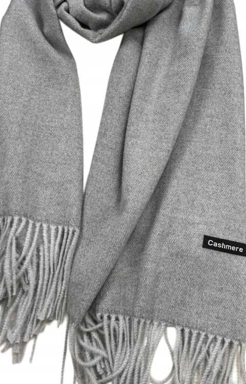 Duży jasnoszary szal szalik z frędzlami wełniany wiskozowy miękki Cashmere- FEEL