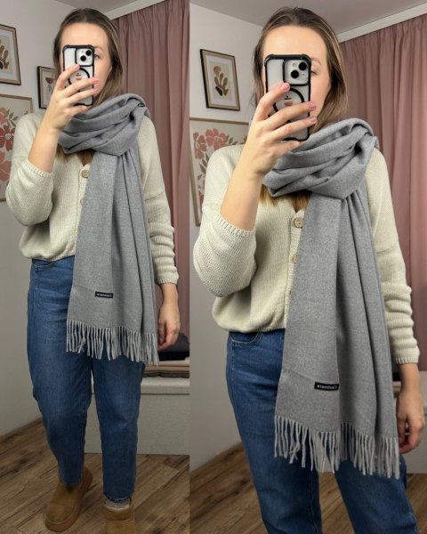 Duży jasnoszary szal szalik z frędzlami wełniany wiskozowy miękki Cashmere- FEEL