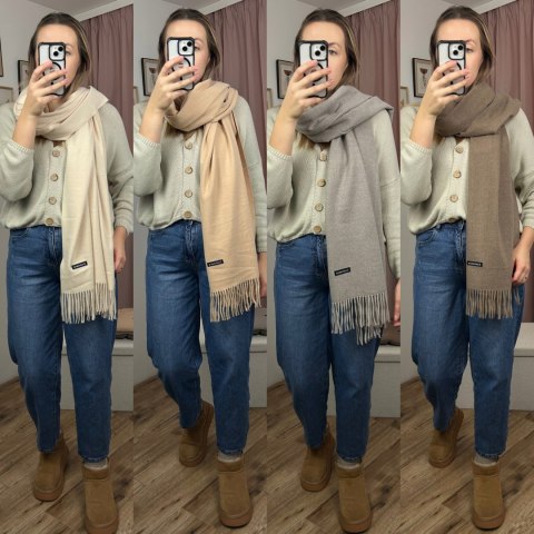 Duży jasnoszary szal szalik z frędzlami wełniany wiskozowy miękki Cashmere- FEEL