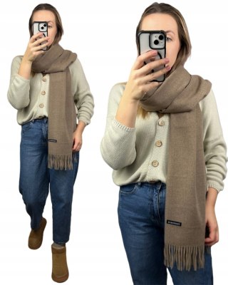Duży jasny brąz szal szalik z frędzlami wełniany wiskozowy miękki Cashmere- FEEL