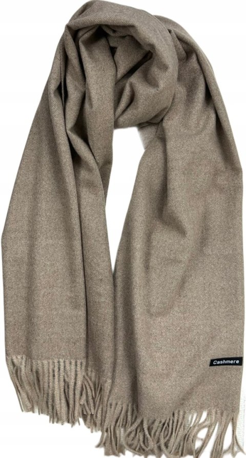 Duży jasny brąz szal szalik z frędzlami wełniany wiskozowy miękki Cashmere- FEEL