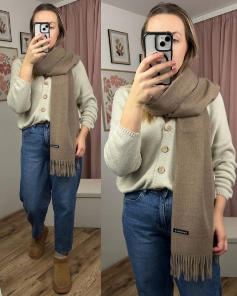 Duży jasny brąz szal szalik z frędzlami wełniany wiskozowy miękki Cashmere- FEEL