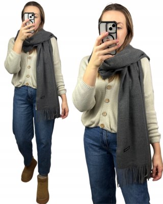 Duży szary szal szalik z frędzlami wełniany wiskozowy miękki Cashmere- FEEL