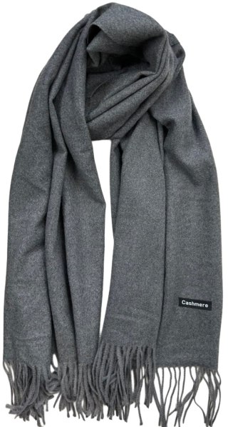 Duży szary szal szalik z frędzlami wełniany wiskozowy miękki Cashmere- FEEL