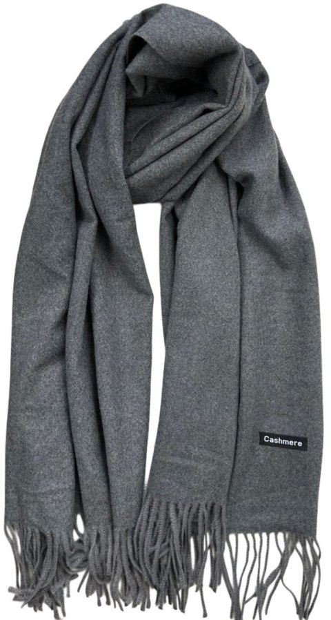 Duży szary szal szalik z frędzlami wełniany wiskozowy miękki Cashmere- FEEL