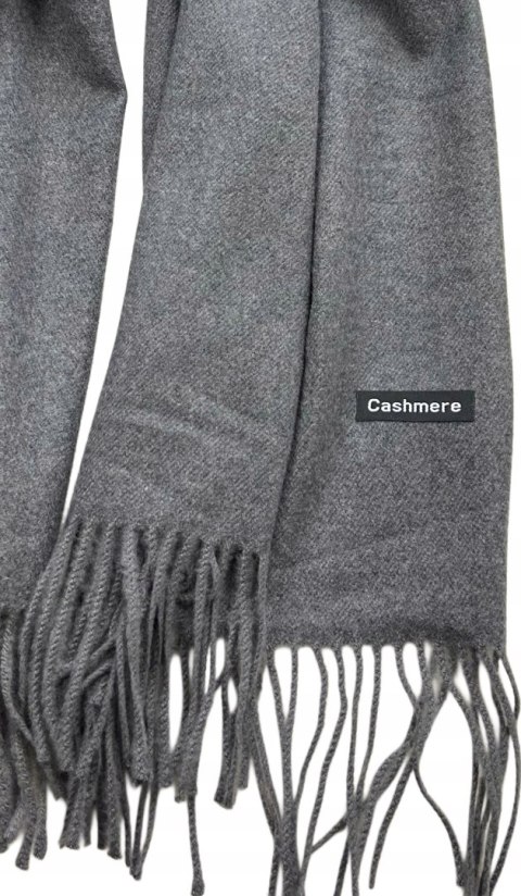 Duży szary szal szalik z frędzlami wełniany wiskozowy miękki Cashmere- FEEL