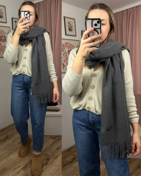 Duży szary szal szalik z frędzlami wełniany wiskozowy miękki Cashmere- FEEL