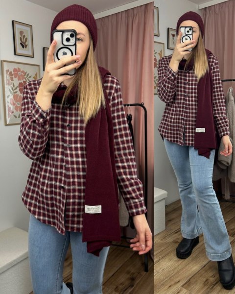 Komplet bordowy czapka szalik wełna wiskoza kaszmir wełniany Cashmere- SOFTELLA