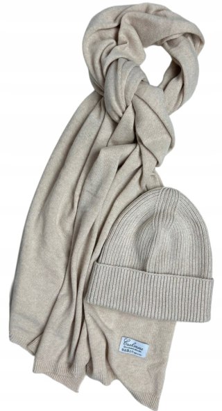 Komplet kaszmirowy beżowy wełniany wełna kaszmir czapka szalik Cashmere- CASHMIRA