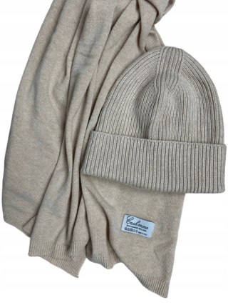 Komplet kaszmirowy beżowy wełniany wełna kaszmir czapka szalik Cashmere- CASHMIRA