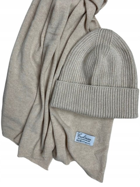 Komplet kaszmirowy beżowy wełniany wełna kaszmir czapka szalik Cashmere- CASHMIRA