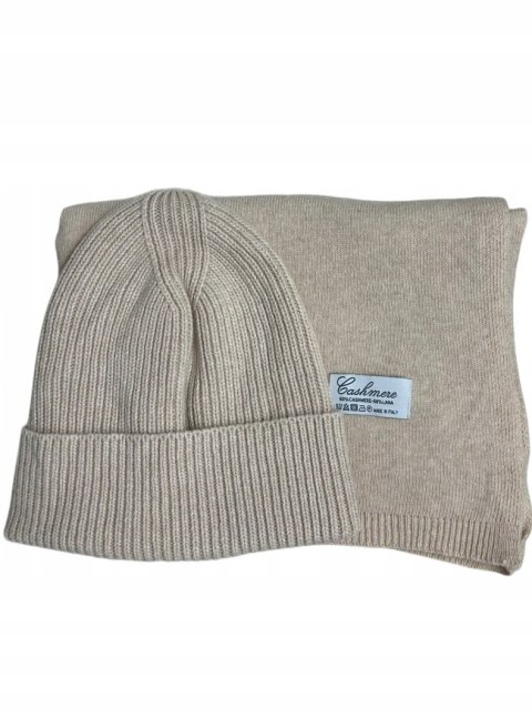 Komplet kaszmirowy beżowy wełniany wełna kaszmir czapka szalik Cashmere- CASHMIRA